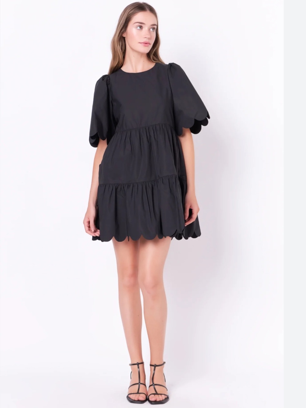 ENGLISH FACTORY Black Scalloped Mini Dress Large Tiered Babydoll Event Party
